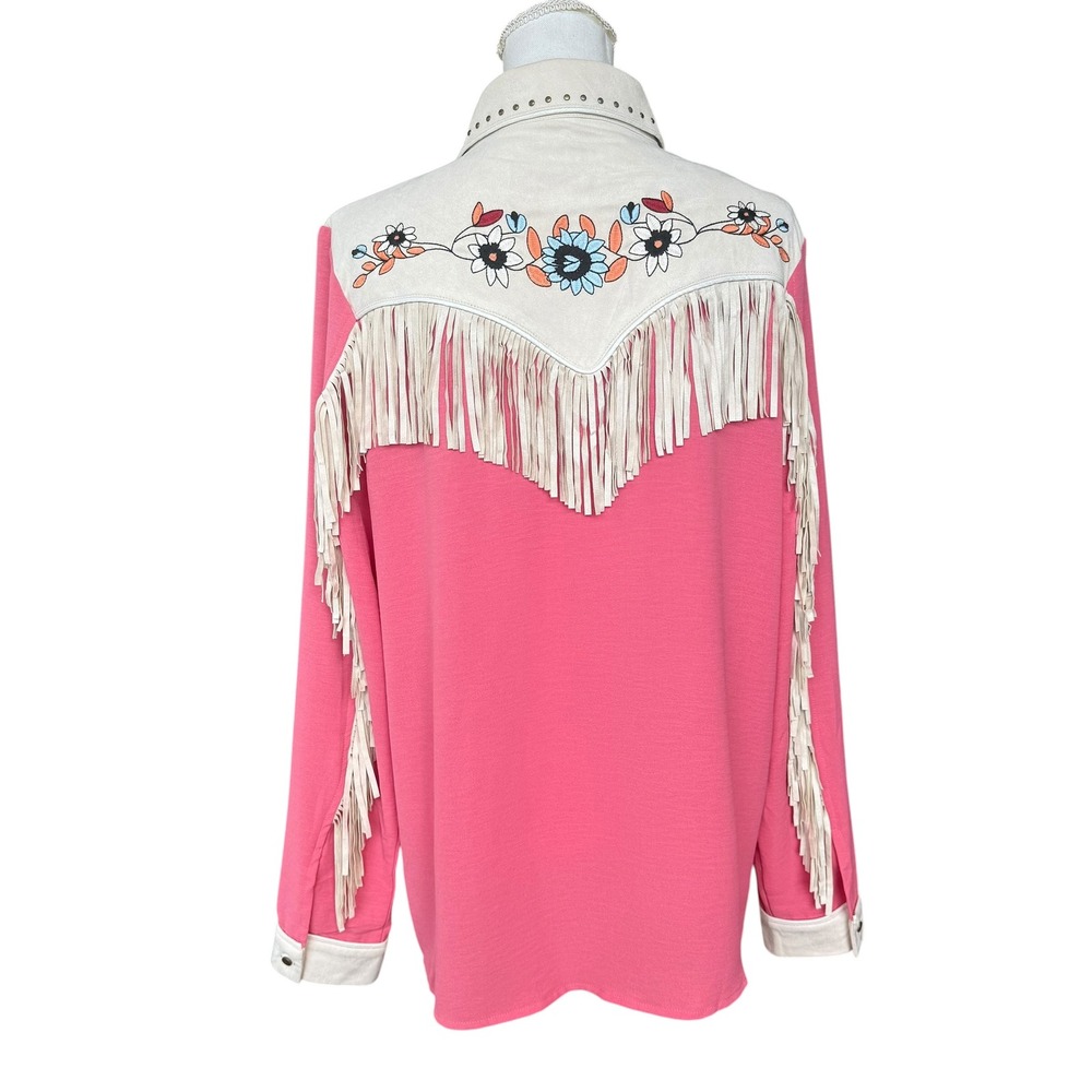 John Moon Texas Pink Western Shirt Floral Embroidery Fringe Studded XL Handmade - Picture 3 of 14